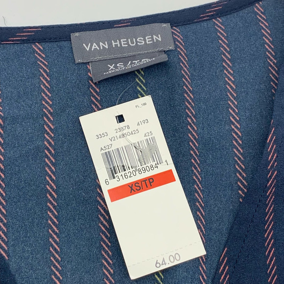 NWT Van Heusen V-Neck Pullover Blouse 3/4 Bell Sleeve Navy Vertical Striped XS - Picture 4 of 8
